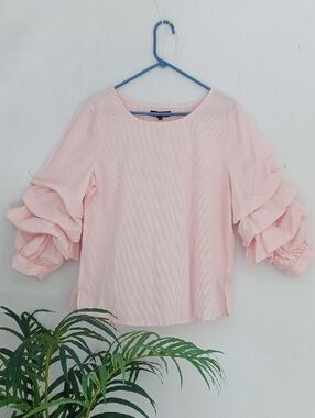 Sanctuary Pale Pink & White Striped Ruffle Sleeve Blouse